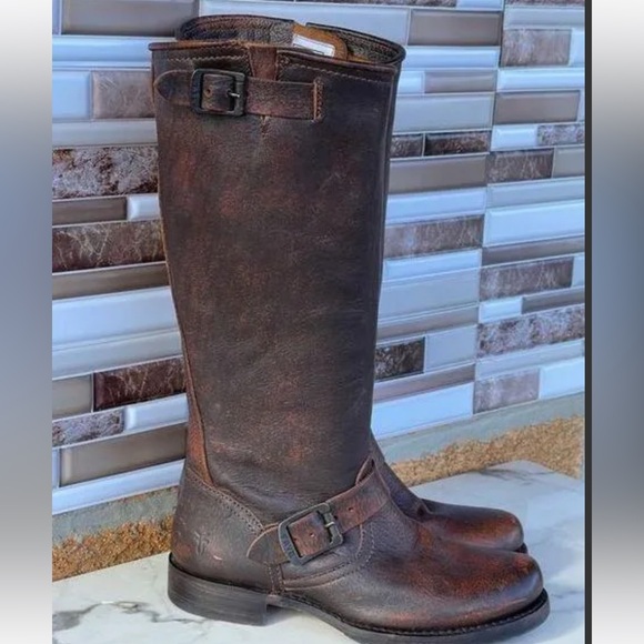 Frye Veronica Slouch Mid-Calf Brown Leather Riding Boots - Picture 1 of 4